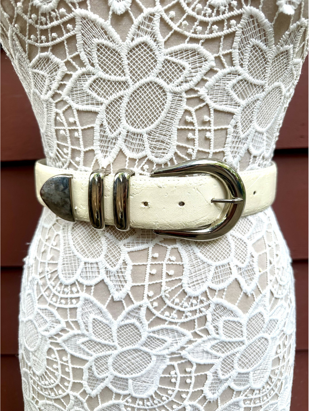 White Faux Leather Belt with Silver Buckle